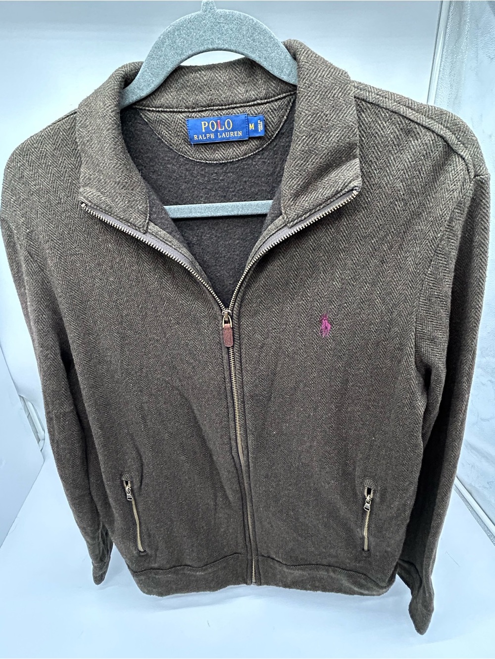 Polo by Ralph Lauren Brown Zip-Up Sweater with Pink Pony Medium